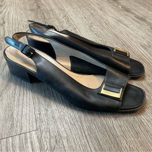 SALVATORE FERRAGAMO Black Leather Gold Buckle Slingback Low Block Heels